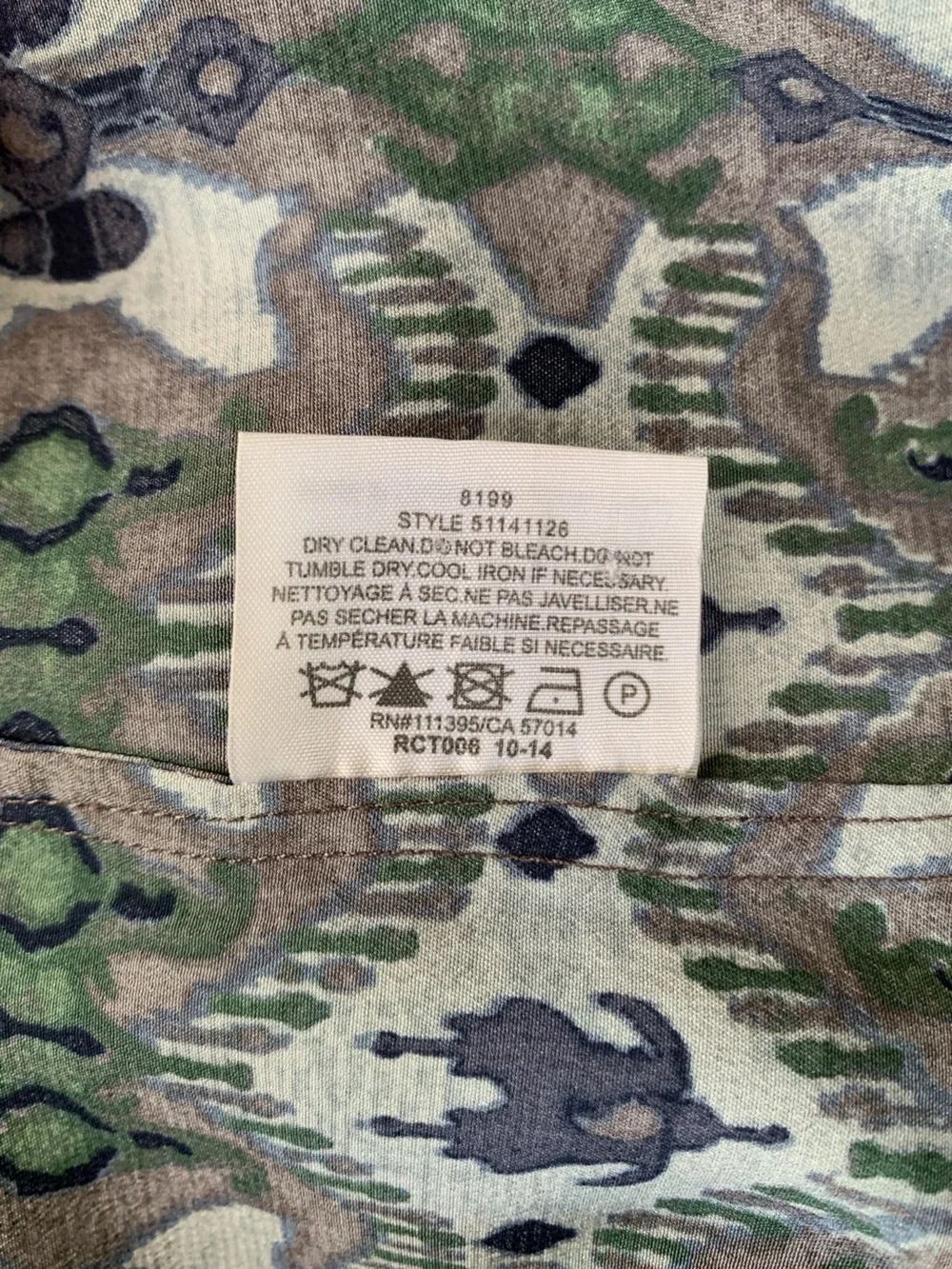 Tory Burch 100% Silk Ikat Print Blouse Size 10 Green Blue Gray